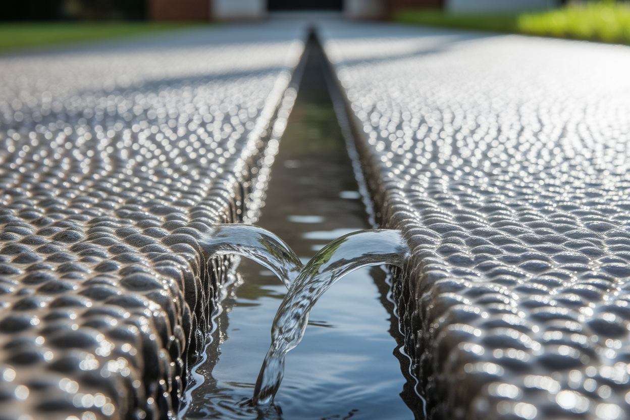 gros-plan-beton-permeable-eau-ruisselante-jardin-flou