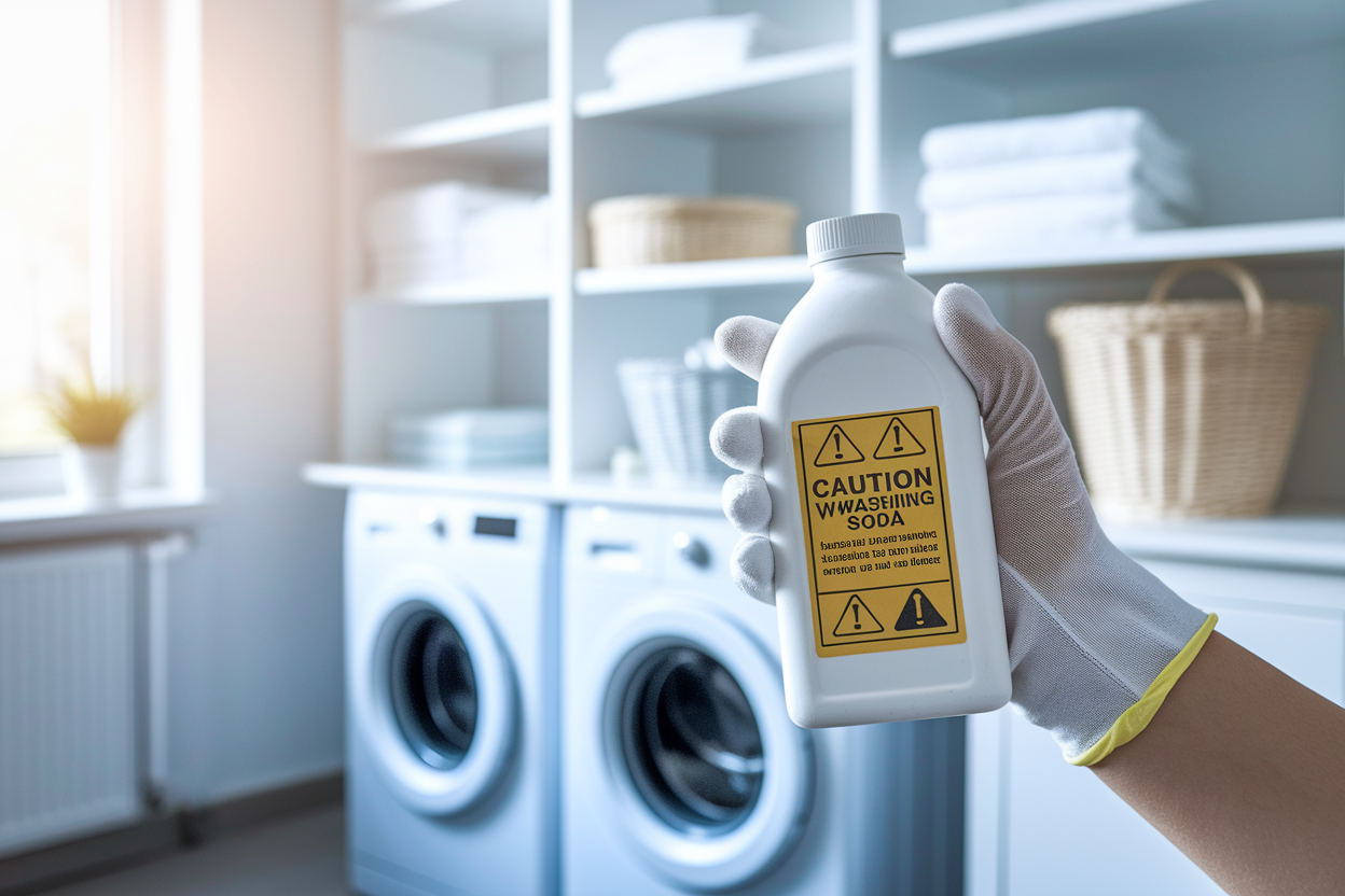 main-gantee-bouteille-soude-symbole-danger-buanderie-floue