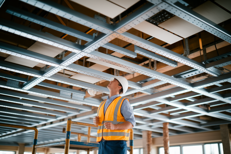 ouvrier-echafaudage-plafond-tiges-metal