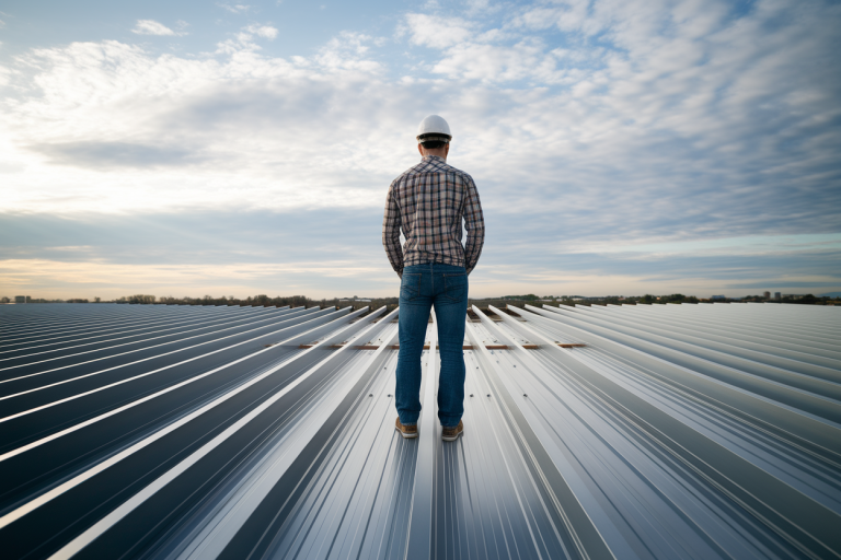 ouvrier-toit-metal-poutres-acier