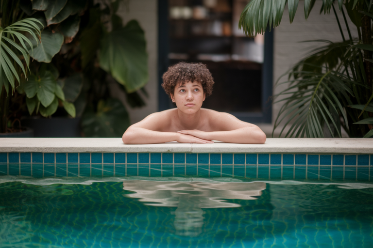 personne-bord-piscine-eau-verte-jardin