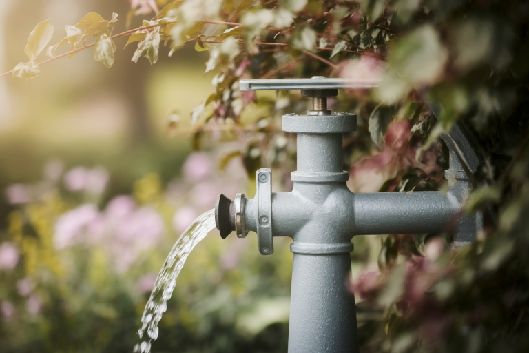 pompe-eau-feuillage-jardin-flou