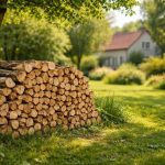jardin-verdoyant-bois-empile-maison-floue