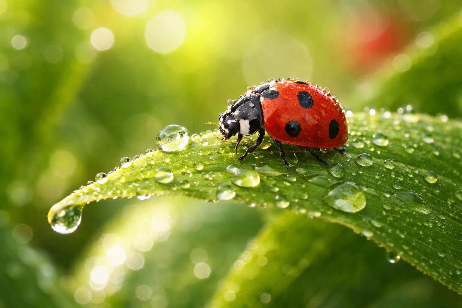 coccinelle-feuille-verte-gouttes-rosee