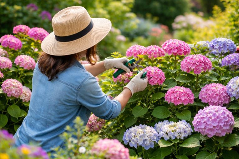 personne-taillant-hortensias-jardin-fleuri