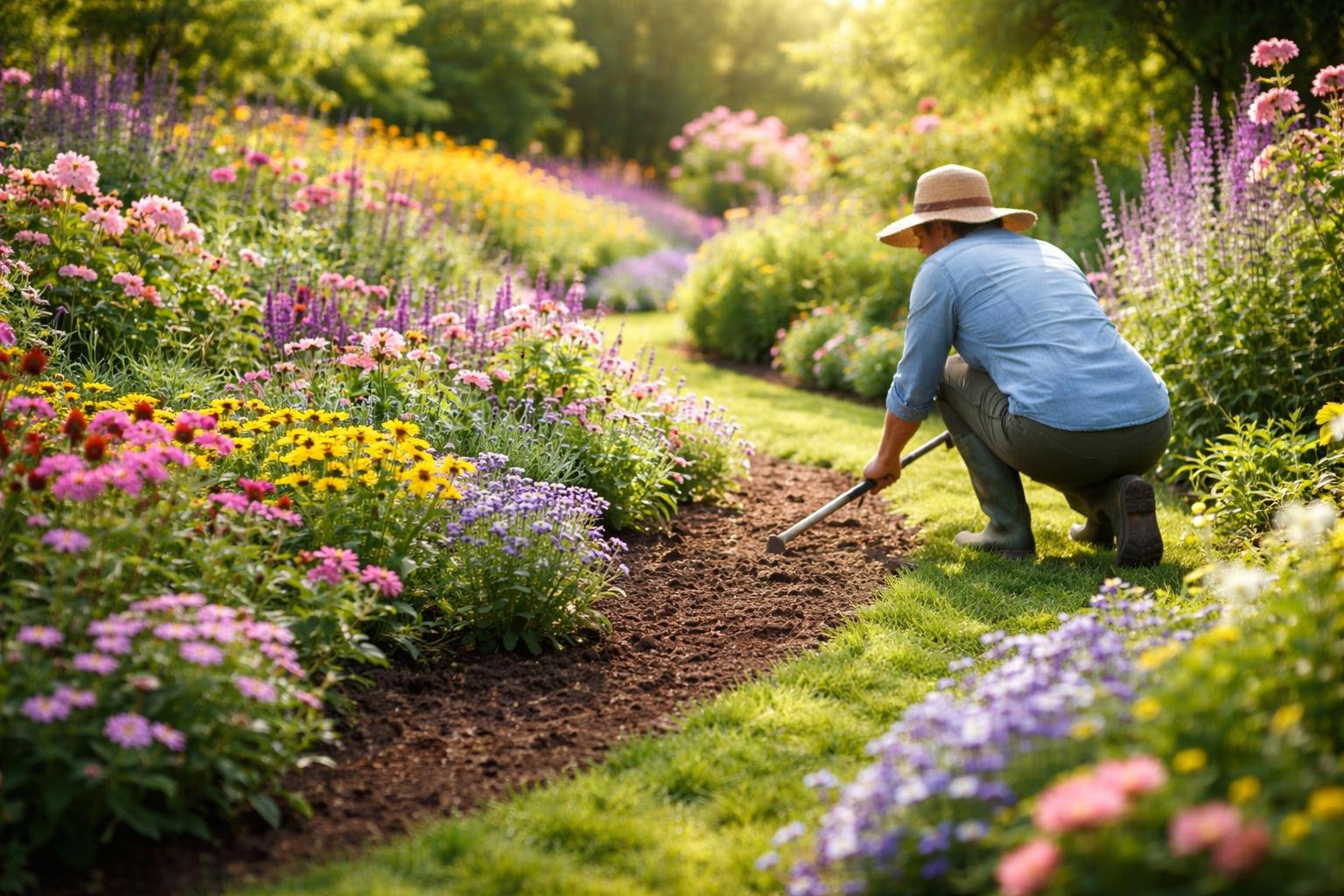 jardin-luxuriant-personne-desherbage-fleurs