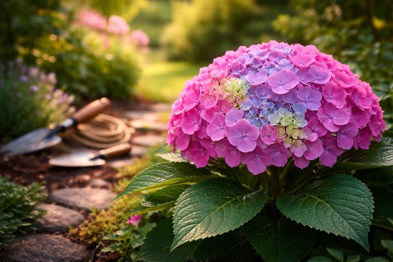 hortensia-fleuri-petales-colorés-jardin-flou